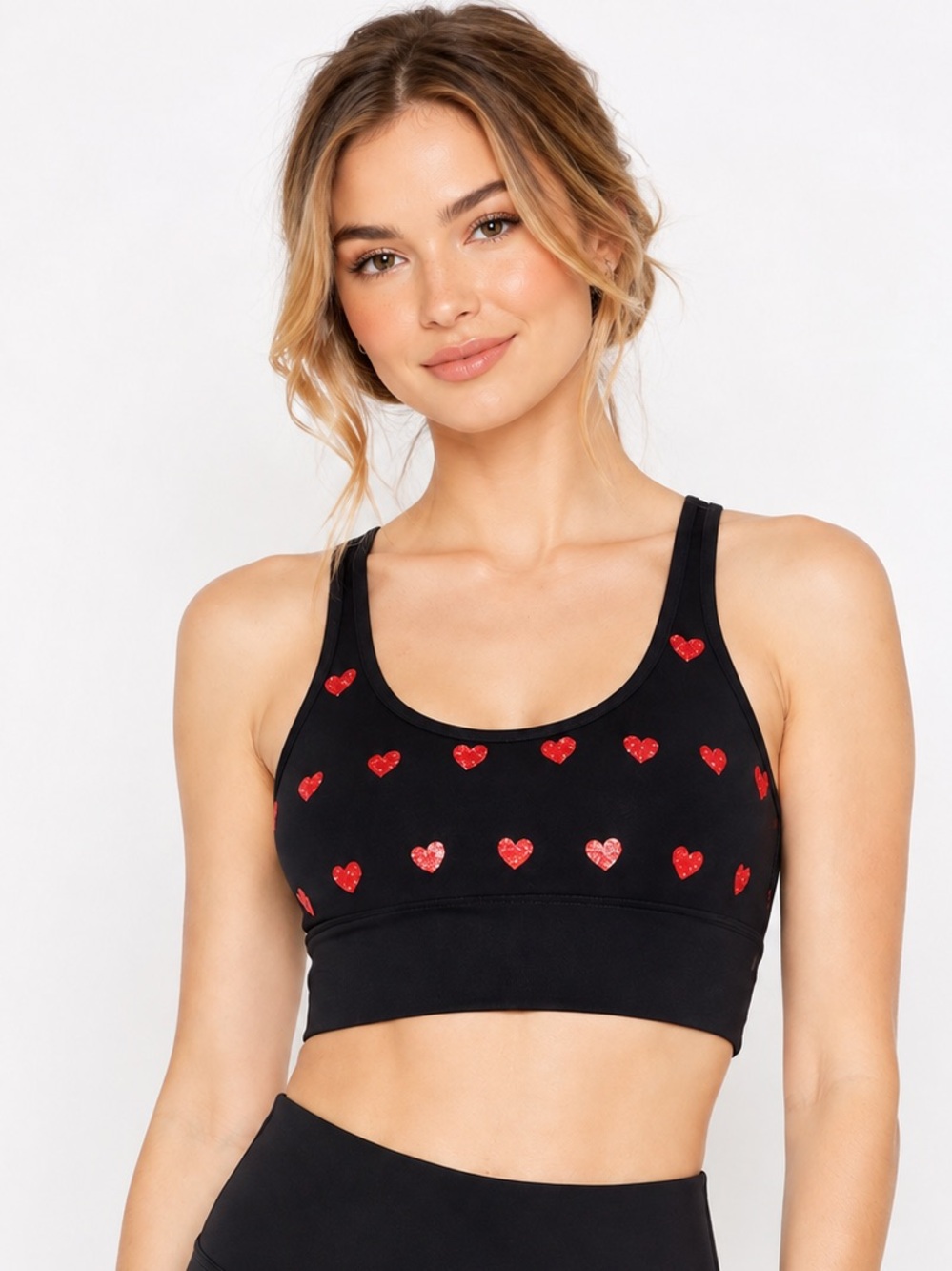 Beach Riot Medium Sparkle Heart Leah Sports Bra Black Sequin Red Heart USA Made